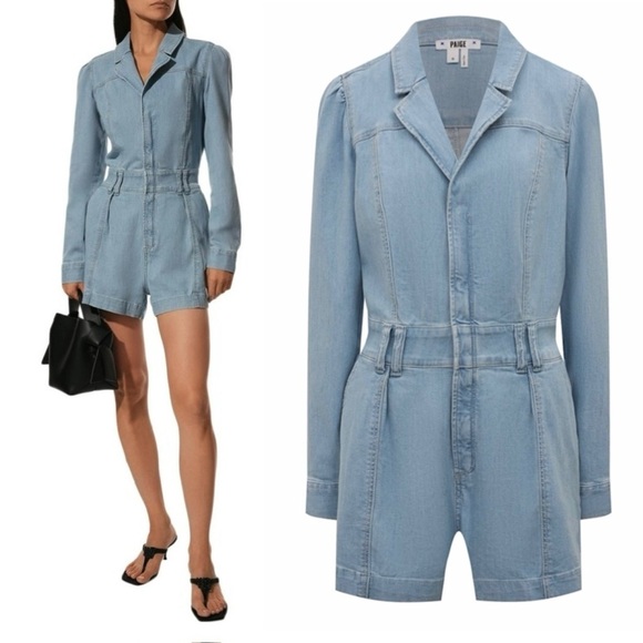 PAIGE Meg Puff Long Sleeve Fitted Short Romper Jumper Songbird Denim Blue Size 4 - Picture 2 of 12